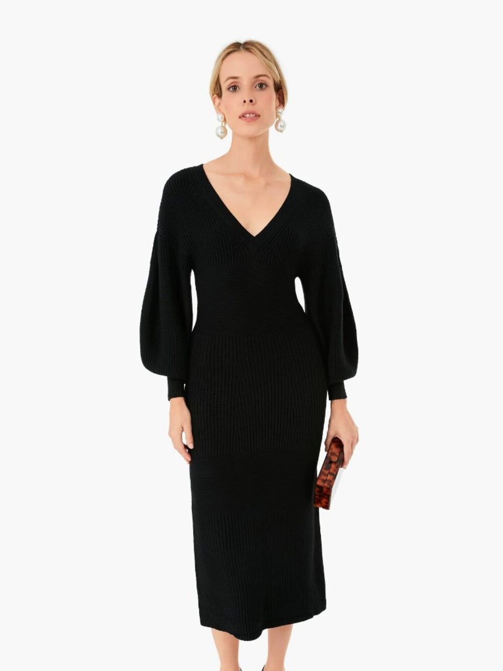 STAUD CARNATION BALLOON SLEEVE MIDI SWEATER DRESS BLACK SMALL